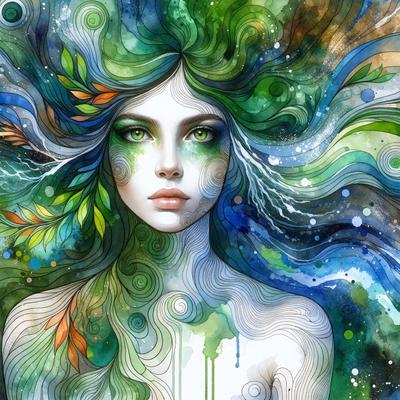 The primary subject of the image is a woman with a green headpiece, possibly a crown of leaves. She is surrounded by a vibrant and colorful environment, which includes a mix of green, blue, and orange colors. The setting appears to be a fantasy or artistic scene, possibly a digital art or illustration. The visual style of the image is unique and eye-catching, with the woman's green headpiece and the surrounding colorful elements creating a captivating and imaginative atmosphere.